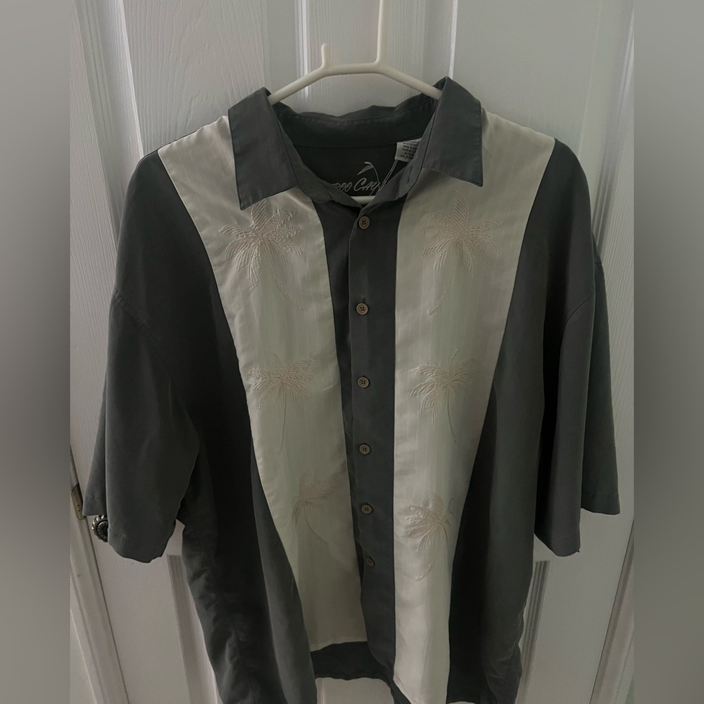 Tommy Bahama Bamboo Cay Green and Cream Palm-Embroidered Camp Shirt, Size XXL